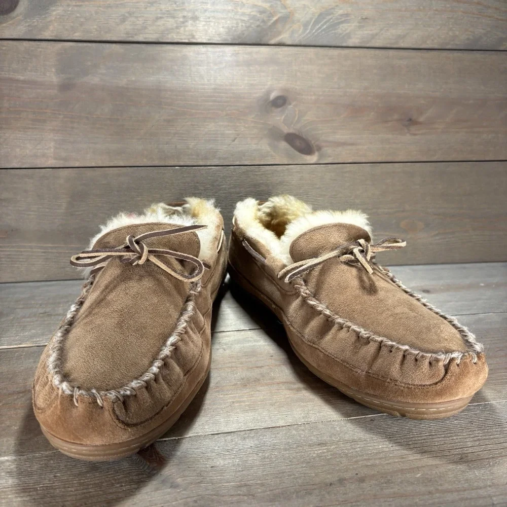ll bean wicked good mens size 13 wide shoes brown suede shearling lined slippers